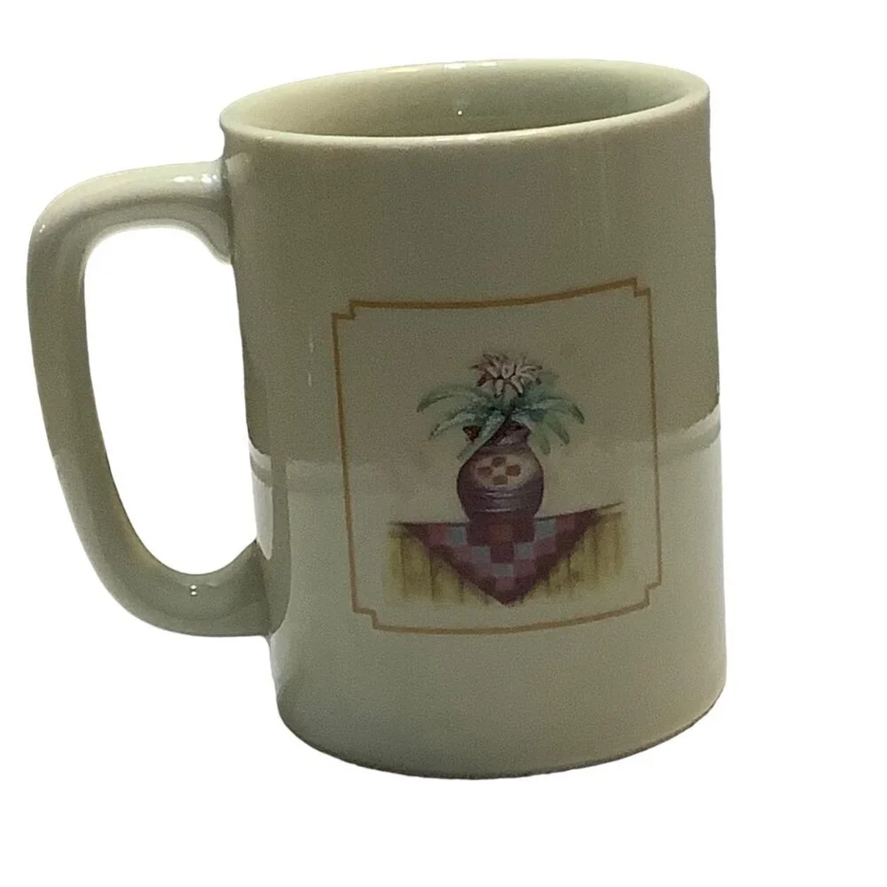 Vtg Otagiri Japan Tabby Kitty Cat Patchwork Quilt Flower Plant‎ Tea Cup Mug 3.5